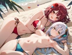 2girls ai_art ai_generated atelier_(series) beach bikini bikini_bottom bikini_top blue_bikini_bottom breasts brown_eyes gothmaniac green_eyes hair_ornament head_ornament medium_hair nipples plachta platinum_blonde_hair red_bikini red_hair sand sea slim_girl sophie_neuenmuller summer young_female younger_female
