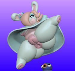 2023 3d_(artwork) ambiguous_feral ambiguous_gender anthro anus areola ass avian beak big_butt bird black_eyes blonde_hair blue_background blue_body blue_eyelids blue_eyes breasts clothed clothing colored crown digital_media_(artwork) dress duo english_description eyelashes featureless_legs female female_anthro feral fizzymola fur genitals gradient_background hair hair_over_eye half-closed_eyes hand_behind_head headgear lagomorph light lighting long_hair long_nipples looking_at_another looking_at_viewer low-angle_view mammal mario_plus_rabbids_sparks_of_hope mouth_closed multicolored_body narrowed_eyes navel nintendo nipples no_eyebrows no_pupils no_underwear noseless open_beak open_mouth pawpads penguin penguin_(mario) pink_areola pink_nipples plump_labia purple_background pussy_stubble rabbid rabbid_rosalina raving_rabbids rayman_(series) redraw shaded simple_background solo_focus spread_legs spreading tan_body tan_inner_ear tan_pawpads tan_skin teal_clothing teal_dress thick_thighs two_tone_body ubisoft vulva white_body white_fur yellow_beak