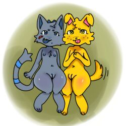 2girls adopted_sister adoptive_siblings anthro anthro_only canid canine chastity_taint cub domestic_cat domestic_dog fanart felid feline female female_anthro female_cub furry furry_only grey_fur malice_edgemoore tabbyscars yellow_fur young young_anthro young_female