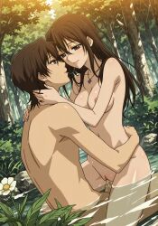 1boy 1girls ai_generated brother_and_sister brown_eyes brown_hair dark_brown_hair echoanomaly eye_contact female flower forest fully_nude godrays hand_on_hip hand_on_neck hand_on_shoulder in_water incest kaname_kuran looking_at_partner male necklace nipples passionate penis penis_in_pussy pussy red_eyes saliva_string sibling_romance transparent_water vampire_knight yuki_cross