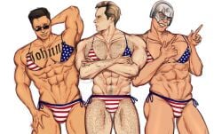 american_flag_bikini american_flag_swimsuit big_pecs bikini blonde_hair blonde_hair_male blonde_male hairy hairy_male helmet homelander johnny_cage johnny_cage_(new_era) kakyjama male male_only morbidly_obese mortal_kombat_1_(2023) muscular muscular_male peacemaker_(superhero) peacemaker_(tv_series) sunglasses tattoo tattoo_on_chest the_boys thong