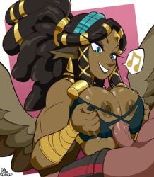 1boy 1girls big_breasts black_hair black_on_black blue_eyes breasts brown_nipples commission dark-skinned_female dark-skinned_male dark_skin dopedarkmode dreadlocks earrings female hair_ornament harpy male original paizuri pointy_ears ponytail wings