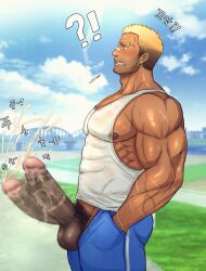 !? 1boy adam's_apple balls bandaid bandaid_on_face bandaid_on_nose bara beard_stubble biceps blonde_hair blue_pants blurry blurry_background bracelet brown_eyes cigarette coco342 covered_abs cum dark_penis ear_piercing earrings ejaculation erection eyebrow_cut facial_hair foreskin foreskin_pull gradient_hair hand_in_pocket handsfree_ejaculation highres huge_cock jewelry korean_text large_pectorals large_variant_set male male_focus male_pubic_hair multicolored_hair muscular muscular_male mustache_stubble nipples original outdoors pants pectorals penis penis_out piercing pubic_hair scar scar_on_arm scar_on_face short_hair sidepec solo stubble tank_top testicles track_pants translation_request uncircumcised variant_set veins white_tank_top yaoi