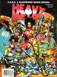 2girls absurdres breasts comic_cover gun heavy_metal highres huge_breasts julie julie_strain kerrie kerrie_strain muscle muscular_female simon_bisley weapon zeek