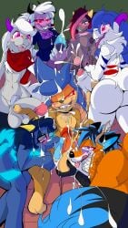 4k 9:16 absurd_res anthro ball_lick balls bleuhare bleuhare_(character) bodily_fluids bovid bukkake caprine cum cumshot digital_media_(artwork) ejaculation female genital_fluids genitals goat group group_sex gynomorph handjob hi_res horn intersex intersex/male lagomorph licking male male/male mammal oral penile penis penis_lick powell_(powelldagoat) rose_(rosethegoat) sany_van_fox sex tongue tongue_out wings wolpertinger zarugote