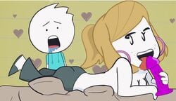 ass babysitter bed blonde_hair breasts bystander dildo drool earrings eyes freckles laying_down naked shoes youtuber