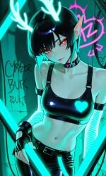 ai_generated antlers black_hair cute cyberpunk_2077 elf elf_ears female provocative_pose pussy red_eyes seductive seductive_expression short_hair suggestive sultry teasing usebackdooronly