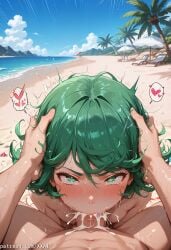 1boy :>= ai ai_art ai_generated beach beach_umbrella bikini blue_sky blush breasts cloud completely_nude cum cum_in_mouth cum_in_nose cum_overflow curly_hair day deepthroat ejaculation erection fellatio green_eyes green_hair hands_on_another's_head head_grab heart hetero irrumatio large_penis looking_at_viewer male nipples nude ocean one_punch_man oral outdoors palm_tree patreon patreon_username penis pov pov_crotch pov_hands rolling_eyes short_hair sky small_breasts solo_focus spoken_heart sweat swimsuit tagme tatsumaki tears tree umbrella uncensored water xxai