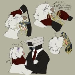 1:1 asphyxiation avaya_(puppyratcat) balls bodily_fluids cameraman_(skibidi_toilet) canid canine canis choking clothed clothing cum domestic_dog duo erection fellatio felvin_(puppyratcat) feral for_a_head forced fur genital_fluids genitals hand_on_head heart_symbol hi_res human human_on_feral humanoid interspecies licking male male/male male_penetrating mammal missing_eye object_head open_mouth oral oral_penetration penetration penile penis penis_lick puppyratcat robot_on_feral rough_sex sex simple_background skibidi_toilet tears tongue tongue_out vomit vomiting young zoophilia