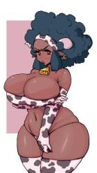 1girls 2d afro big_breasts big_hair bikini bikini_bottom bikini_top blue_hair blush blush_lines bottomwear braless breast_hold breasts brown_eyes cleavage covering_breasts covering_crotch cow_bell cow_ears cow_girl cow_horns cow_print cow_print_armwear cow_print_bikini cow_print_gloves cow_print_thighhighs cow_tag cowbell cowkini dark-skinned_female dark_skin edit edited embarrassed female female_only game_freak hair hairband headband horns huge_breasts kinky_hair large_breasts leebongchun lenora_(pokemon) lips lipstick mature mature_female milf mob_face mother navel neckwear pokemon pokemon_bw red_lips red_lipstick sleeves solo solo_female swimsuit swimwear teal_hair thick_thighs thighhighs thighs topwear white_background