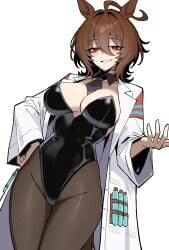 1girls agnes_tachyon_(umamusume) animal_ears big_breasts breasts brown_hair bunnysuit coat female horse_ears horse_girl labcoat light-skinned_female red_eyes smug smug_face solo solo_female tail thick_thighs thighs umamusume vvernerluniq white_background