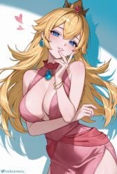 1girls arm_under_breasts bare_shoulders blonde_hair blue_eyes blush breasts cleavage collarbone commentary crown dress earrings female fingernails gem hair_between_eyes hand_up head_tilt heart helloimtea highres jewelry large_breasts long_hair looking_at_viewer mario_(series) nintendo parted_lips pink_dress princess_peach red_gemstone solo twitter_logo twitter_username very_long_hair