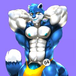 1:1 abs anthro bara blue_body blue_fur blue_hair blue_nipples blue_nose blue_penis bottomwear cheek_tuft clothed clothing erection erection_under_clothing facial_tuft front_view fur genitals hair hi_res johnthelewd_art looking_at_viewer male male_anthro muscular muscular_anthro muscular_male nipples open_mouth open_smile pecs penis penis_base portrait pose purple_background short_hair simple_background smile solo species_request standing three-quarter_portrait topless tuft vein veiny_penis white_body white_fur yaoi yellow_bottomwear yellow_clothing yellow_eyes