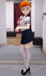 bag black_footwear blue_skirt female full_body green_eyes high_heels indoors long_hair looking_at_viewer orange_hair pleated_skirt sailor_collar school_bag school_uniform serafuku shirt shoes short_sleeves skirt solo standing thighhighs white_legwear zettai_ryouiki