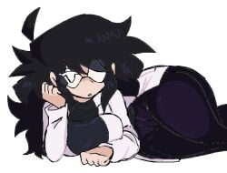 black_hair fnf fnf_oc fnf_ocs friday_night_funkin hyperingaway long_hair looking_at_viewer quitehyper roxan_(fnf_oc) scientist serious_look sexy sexy_pose sfw staring_at_viewer suggestive suggestive_pose thigh_highs thighs white_background white_eyes