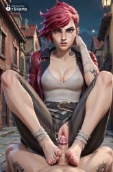 1boy 1boy1girl 1girls ai_generated ankle_wrap arcane arcane_vi arm_tattoo artist_name asymmetrical_hair bandaged_arm bandages barefoot black_nails breasts cleavage collarbone covered_nipples cum ear_piercing facial_tattoo feet footjob hi_res jacket large_breasts league_of_legends lips looking_at_viewer mole mole_on_breast nail_polish netflix night nose_piercing open_clothes open_jacket outdoors pants patreon_username penis piercing pov pussy r34arts red_hair red_jacket riot_games scar shirt short_hair sitting solo_focus spread_legs straight striped_pants tattoo toenail_polish toenails toes torn_clothes torn_pants two-footed_footjob uncensored undercut vi watermark web_address