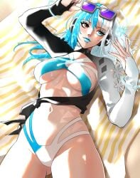 1girls asian asian_female blue_eyes blue_hair breasts cleavage heterochromia hips korean_female large_breasts light-skinned_female light_skin long_hair luna_snow luna_snow_(cool_summer) luna_snow_(marvel_rivals) marvel marvel_comics marvel_rivals multicolored_hair official_alternate_costume on_back one-piece_swimsuit pannaaq sand smile split-color_hair sunglasses sunglasses_on_head swimsuit thighs two-tone_hair white_hair