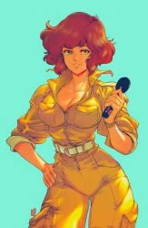 absurdres april_o'neil backlighting belt big_hair blue_background breast_poke breasts brown_hair cleavage commentary curvy david_liu english_commentary female green_eyes hand_on_own_hip highres jumpsuit large_breasts lips microphone narrow_waist poking popped_collar pouch revision short_hair sleeves_rolled_up smile solo teenage_mutant_ninja_turtles teenage_mutant_ninja_turtles_(1987) thigh_pouch upper_body watch white_belt wristwatch yellow_jumpsuit zipper