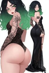ai_generated asian gown green_eyes green_hair hourglass_figure lace light-skinned_female lingerie original_character red_lipstick