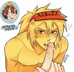 007n7 007n7_(forsaken) 2boys artist_signature blowjob cum dialogue dialogue_bubble elliot_(forsaken) elliot_(work_at_a_pizza_place) fenaizaa forsaken forsaken_(roblox) gay male naked roblox roblox_game robloxian text yaoi