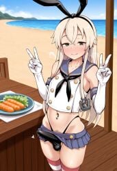 1boy 1femboy 2025 ai_generated aidramon alternate_version_available armwear beach belly black_thong blonde_hair blush crossdressing erect_penis erection femboy femboy_pubic_hair feminine_male genderswap_(ftm) girly green_eyes kantai_collection legwear looking_at_viewer navel navel_piercing outdoors outside penis penis_shaped_bulge pierced_navel piercing pubic_hair rule_63 rule_63 rule_63 shimakaze-kun shimakaze_(kantai_collection) smile smiling standing steamy_breath striped_legwear thighs thong trap white_armwear