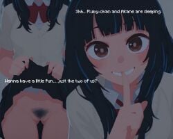 ai_assisted ass_visible_through_thighs black_hair black_skirt bow bowtie brown_eyes clothes_lift english_text female female finger_to_mouth flashing grin index_finger_raised lifted_by_self long_hair looking_at_viewer multiple_views no_panties oshi_no_ko pubic_hair pussy rawr69 red_bow red_bowtie school_uniform shirt shushing skirt skirt_lift smile sumi_yuki white_shirt