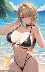 1girls beach bikini black_bikini blonde_hair breasts commentary_request evelyn_chevalier female helloimtea highres large_breasts mixed-language_commentary navel ocean outdoors purple_eyes sand short_hair smile solo stomach swimsuit wet zenless_zone_zero