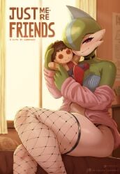 1boy 2025 artist_name blush choker clothing comic_cover digital_media_(artwork) doll ear_piercing earrings english_text eyebrows eyelashes femboy fingers finn_(gammainks) fishnet_clothing fishnet_legwear gallade gammainks generation_4_pokemon green_body grin hi_res inside legwear looking_at_viewer male male_only nintendo plushie pokemon pokemon_(species) red_eyes sitting smile smiling smiling_at_viewer solo squish text thick_thighs thigh_squish very_high_resolution