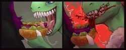 absurd_res anthro black_border blood bodily_fluids border bovid caprine cock_and_ball_torture cock_dog duo eating eating_flesh ejaculation food genital_mutilation genital_torture gore hi_res hot_dog hybrid lizard long_tongue male male/male mammal mutilation open_mouth oskar_(2ndvoice) penectomy reptile salad scalie sharp_teeth sheep teeth tongue xxxxs_kitchen