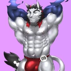 1:1 anthro barazoku black_hair black_horn black_markings blue_body blue_eyes blue_fur bottomwear bulge canid canine clothed clothing detailed_bulge facial_markings front_view fur genital_outline gloves_(marking) grey_eyes grey_nipples grin hair hands_behind_neck head_markings heterochromia hi_res horn johnthelewd_art looking_at_viewer male male_anthro mammal markings multicolored_hair muscular muscular_anthro muscular_male nipples penis_outline portrait pose pubes purple_background red_bottomwear red_clothing red_hair short_horn simple_background small_horn smile solo standing three-quarter_portrait topless two_tone_hair white_body white_fur