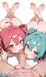 1boy 2girls 2girls1boy ai_generated ass boobs foot hatsune_miku kasane_teto licking licking_penis naked open_mouth ronansmut vocaloid