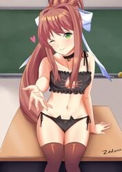 1girls arm_support bare_shoulders bell_collar bra brown_hair brown_thighhighs cat_ear_panties cat_keyhole_bra cat_lingerie classroom cleavage collar desk doki_doki_literature_club eyebrows_visible_through_hair female female_focus female_only green_eyes hair_between_eyes hair_bow hair_ornament hair_over_breasts hand_on_desk hand_towards_viewer happy heart innie_pussy lingerie long_hair looking_at_viewer medium_breasts monika_(doki_doki_literature_club) one_eye_closed panties ponytail pov pov_eye_contact reaching_towards_viewer sitting sitting_on_desk smile smiling solo solo_female thick_thighs thighhighs thighs tied_hair white_hair_ornament white_skin wink winking zedxxx