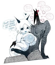 1boy 1boy1girl 1girl 1girls almost_naked almost_nude angry apologizing bandage bandaged_body big_ass big_breasts big_penis black_horns black_pupils black_teeth blue_mouth blush breasts bubble_ass bubble_butt curvy curvy_female curvy_figure dark-skinned_male dark_eyes dark_skin dimo_(troppart) embarrassed english_text female gigantic_breasts heart heart_symbol horn horns horny intangibility intangible long_penis looking_at_penis looking_down male muscular muscular_male no_mouth oc oc_character old_angel_(troppart) onomatopoeia original original_character pants pants_open penis precum pubic_hair red_eyes scar scars scribble sharp_teeth simple_background sitting sweat sweatdrop text text_bubble throbbing touching_ass trembling troppart underwear vampire_teeth vein veiny_penis white_background white_body white_hair white_skin white_skinned_female