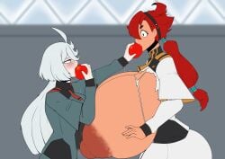 2girls big_areola big_breasts big_nipples blush breast_press breasts_bigger_than_head breasts_out busty busty_female clothes_tearing force_feeding growth gundam gundam_suisei_no_majo height_difference height_growth huge_areolae huge_breasts huge_nipples hyper_breasts looking_at_another looking_at_partner miorine_rembran red_hair rust_and_bolts size_difference suletta_mercury tan_body tan_skin tomato torn_clothes torn_clothing wardrobe_malfunction white_hair