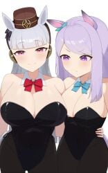 2girls big_breasts breast_size_difference breast_to_breast breasts breasts_touching bunny bunnysuit cleavage cleavage_overflow curves curvy curvy_female cute cute_face different_breast_sizes gold_ship_(umamusume) hand_on_waist hips horse horse_ears horse_girl looking_at_breasts looking_at_viewer mejiro_mcqueen_(umamusume) pale-skinned_female petite petite_female pink_eyes playboy_bunny purple_eyes purple_hair sexy sexy_body silver_hair tiny_waist umamusume umamusume_pretty_derby