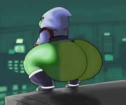 2024 6:5 absurd_res amphibian anthro ass bellyboi13 big_butt black_clothing black_eyes black_legwear building bullfrog_(captain_laserhawk) captain_laserhawk:_a_blood_dragon_remix city city_background clothing colored crouching digital_media_(artwork) frog green_body hi_res hood huge_butt legwear male night outside rear_view shaded solo topwear white_clothing white_hood white_topwear yellow_sclera