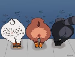 4:3 absurd_res ailurid anthro anus ass boots boots_only butt_focus claire_(lfswail) clothing english_text eulipotyphlan faceless_character faceless_female female footwear footwear_only genitals group hedgehog hexecat hi_res lagomorph leporid mammal mostly_nude ollie_(lfswail) phobe_(lfswail) profanity rabbit rear_view red_panda shoes shoes_only sneakers sneakers_only text through_wall trio