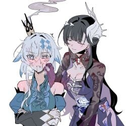 2girls after_cunnilingus bare_shoulders black_hair blue_dress blue_eyes blue_hair breasts cerydra_(honkai:_star_rail) cleavage closed_eyes closed_mouth commentary_request crossed_arms d0600059994959 dress female hair_ornament head_steam highres honkai:_star_rail honkai_(series) hysilens_(honkai:_star_rail) korean_commentary large_breasts long_hair multicolored_hair multiple_girls purple_dress pussy_juice_on_face scales simple_background streaked_hair white_background yuri