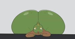 animated annoyed anthro ass ass_clapping belly_lentel bellyboi13 big_butt freckles green_body horn huge_butt huge_thighs hyper hyper_butt kobold lizard lying male on_front reptile scalie short_playtime solo thick_thighs tongue tongue_out twerking