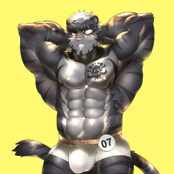 1:1 abs anthro bara bottomwear bulge cheek_tuft clothed clothing detailed_bulge eye_patch eyewear facial_tuft felid front_view fur genital_outline glistening glistening_eyes grey_body grey_fur grin hair hands_behind_head hi_res johnthelewd_art looking_at_viewer male male_anthro mammal markings muscular muscular_anthro muscular_male pantherine pecs penis penis_outline portrait pupils red_eyes short_hair simple_background slit_pupils smile solo standing striped_arms striped_markings striped_tail stripes tail tail_markings three-quarter_portrait tiger topless tuft white_bottomwear white_clothing white_hair yaoi yellow_background