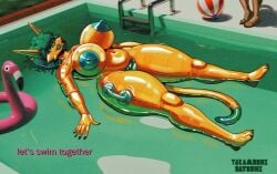 3d_background absurd_res after_transformation anthro ass avian belly big_breasts big_butt bird breasts eyewear felid feline female flamingo green_hair hair hi_res latex latex_body latex_transformation mammal mature_female pool_toy solo sunglasses swimming_pool text transformation urania_arayeva_(yaramoshi_satoshi) wide_hips yaramoshi_satoshi yellow_body