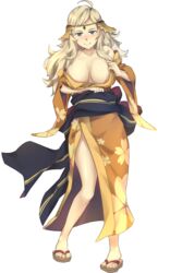 1girls alternate_breast_size alternate_costume bare_shoulders blonde_hair blue_eyes breasts circlet fire_emblem fire_emblem_fates japanese_clothes kimono large_breasts looking_at_viewer nintendo ophelia_(fire_emblem) ox_(artist) sandals smile solo source_request teasing transparent_background undressing zouri