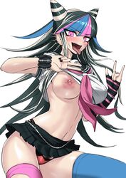 akizora black_and_red_panties black_hair black_nails black_skirt breasts danganronpa ear_piercing eyebrows_visible_through_hair fake_horns female fingerless_gloves gloves high_resolution horns jewelry large_breasts lip_piercing long_hair looking_at_viewer miniskirt mioda_ibuki mismatched_legwear multicolored_hair nail_polish navel navel_piercing nipple_piercings nipples pantsu piercing pink_eyes pink_hair pubic_hair red_panties ring school_uniform serafuku shirt shirt_lift short_sleeves skirt smooth_skin solo super_danganronpa_2 thighhighs thumb_ring tongue tongue_out underwear upper_teeth white_shirt wristband