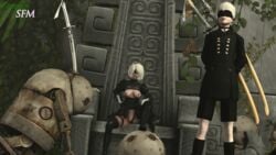 1boy 3d blindfold breasts lovelysfm male nier:_automata presenting pussy source_filmmaker white_hair yorha_2b yorha_9s