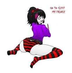 black_hair creepypasta dat_ass frog_pose looking_at_viewer looking_back nina_the_killer pale_skin sexualizer sitting smile striped_panties striped_socks