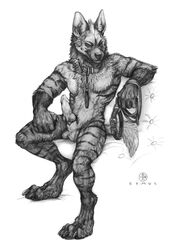 animal_genitalia animal_penis anthro balls canine_penis collar erection fur hyaenid leash looking_at_viewer male mammal monochrome offering_collar penis simul sitting smile solo striped_fur striped_hyena stripes