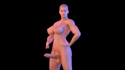 3d amac145 bald_female blue_eyes breasts erection futa_only futanari intersex looking_at_viewer muscular nipples original_character pointing