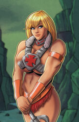 1girls blonde_hair blue_eyes cleavage curvy female gan_(artist) he_man huge_breasts masters_of_the_universe rule_63 short_hair solo thick_lips voluptuous wide_hips