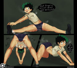 1boy androgynous ass bent_over big_ass booty_shorts buruma clothed clothes clothing exercise femboy freckles girly green_hair gym_uniform izuku_midoriya looking_at_viewer looking_down male male_focus male_only mrparlon my_hero_academia parlon_spacey see-through sissy solo sweat tagme trap wide_hips