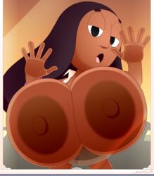 against_glass alternate_breast_size brown_hair brown_nipples connie_maheswaran dark_skin female gigantic_breasts huge_breasts hyper_breasts looking_at_viewer slickehedge steven_universe